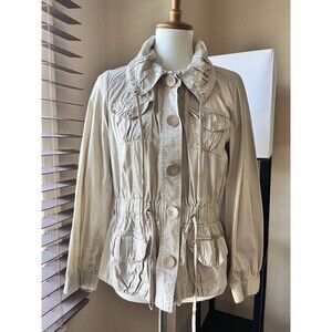 Studio JPR Women’s Beige Utility Jacket Size 6 Ruffle Collar Drawstring Waist 10